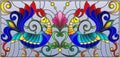 Stained glass illustration with a pair of roosters , flowers and patterns on a blue background , horizontal image