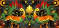 Stained glass illustration with a pair of roosters ,