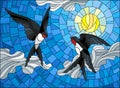 Stained glass illustration a pair of swallows on the background of sky, sun and clouds