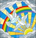 Stained glass illustration with a pair of white pigeons is not the background of the Sunny sky , rainbow and clouds