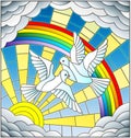 Stained glass illustration with a pair of white pigeons is not the background of the Sunny sky , rainbow and clouds