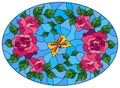 Stained glass illustration with  pink flowers and leaves of  rose, and orange butterfly on a blue background, oval image Royalty Free Stock Photo