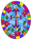 Stained glass illustration with a purple Christian cross in the sky and pink flowers, oval picture in a bright frame