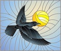 Stained glass illustration raven on the background of sky, and sun