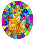 Stained glass illustration with  a   red  cute cat on a background of meadows, bright flowers and sky, oval image in bright frame Royalty Free Stock Photo