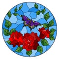 Stained glass illustration with red flowers and leaves of rose, and purple butterfly round picture Royalty Free Stock Photo