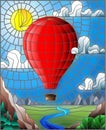 Stained glass illustration with a red hot air balloon flying over a plain with a river on a background of mountains, cloudy sky an Royalty Free Stock Photo