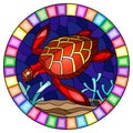 Stained glass illustration  with a red sea turtle on the seabed background with algae, fish and stones, oval image in bright frame Royalty Free Stock Photo