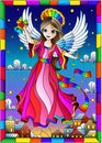 Stained glass illustration on a religious theme, an angel girl in a pink dress hovering over the night city,in a bright frame
