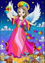 Stained glass illustration on a religious theme, an angel girl in a pink dress hovering over the night city