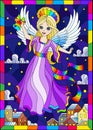 Stained glass illustration on a religious theme, an angel girl in a purple dress hovering over the night city,in a bright frame