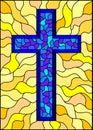 Stained glass illustration on religious themes, stained glass window with a blue Christian cross , on a yellow background