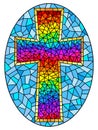 Stained glass illustration on religious themes, stained glass window in the shape of a rainbow Christian cross , on a blue backgro