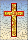 Stained glass illustration on religious themes, stained glass window in the shape of a yellow Christian cross , on a blue backgro
