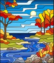 Stained glass illustration with a rocky Creek in the background of the Sunny sky, lake, trees and fields,autumn landscape