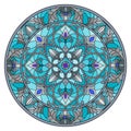 Stained glass illustration , round mirror image with floral ornaments and swirls