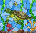 Stained glass illustration with sea turtle on the seabed background with algae, fish and stones