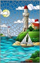 Stained glass illustration with sea view, three ships and a shore with a lighthouse in the background of day cloud sky sun and sea