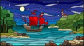 Stained glass illustration with sea views, sailing with red sails in rocky Bay on the background of sea , moon and starry sky