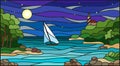 Illustration in Stained glass style with sea views, sailing in rocky Bay on the background of sea , moon and starry sky
