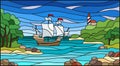 Stained glass illustration with sea views, sailing ship and the lighthouse in rocky Bay on the background of sea Royalty Free Stock Photo