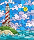 Stained glass illustration with seascape, lighthouse on a background of sea and Sunny sky