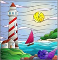Stained glass illustration with seascape, lighthouse and sailboat on a background of sea and Sunny sky