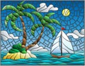 Stained glass illustration with the seascape, tropical island with palm trees and a sailboat on a background of ocean , sun and c