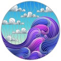 Stained glass illustration with a seascape, waves, and a cloudy sky, round image