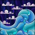 Stained glass illustration with a seascape, waves, and a cloudy sky, square image