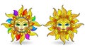 Stained glass illustration with set of suns with faces on a white background isolates