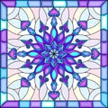 Stained glass illustration with snowflake in blue colors in a bright frame