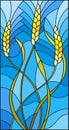Stained glass illustration with spikes of cereal plants on a blue background