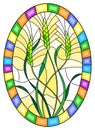 Stained glass illustration with spikes of cereal plants on a yellow background, oval image in bright frame