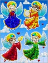 Stained glass illustration with stickers with cartoon angels on a blue sky background