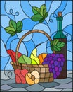 Stained glass illustration with a still life, a bottle of wine, and fruits on a blue background Royalty Free Stock Photo