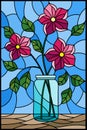 Stained glass illustration with still life, bouquet of pink flowers in a glass jar on a blue background Royalty Free Stock Photo