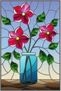 Stained glass illustration with still life, bouquet of pink flowers in a glass jar on a blue background Royalty Free Stock Photo