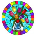 Stained glass illustration with still life, bouquet of Tulips in a glass jar on a blue background,oval image in bright frame