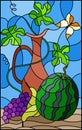 Stained glass illustration with still life, fruits, berries and pitcher on blue background Royalty Free Stock Photo