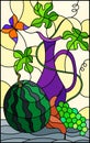 Stained glass illustration with still life, fruits, berries and pitcher on ight background