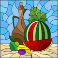 Illustration in the stained glass style with still life, jug and sliced ripe watermelon, square image