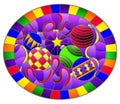 Stained glass illustration with still life of new year toys and serpentine, oval image in frame