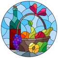 Stained glass illustration with  still life, wine bottle and fruit basket, round image Royalty Free Stock Photo