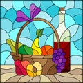 Illustration in Stained glass style with still life, wine bottle and fruit basket, square image Royalty Free Stock Photo