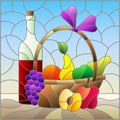 Illustration in the stained glass style  still life, wine bottle and fruit basket, square image Royalty Free Stock Photo