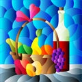 Illustration in the style of stained glass with still life, wine bottle and fruit basket, square image Royalty Free Stock Photo