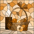 Illustration in the style of stained glass with still life, wine bottle and fruit basket, square image, tone brown Royalty Free Stock Photo