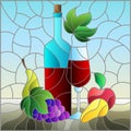 Illustration in the stained glass style  with still life,wine bottle, glass and fruit, square image Royalty Free Stock Photo