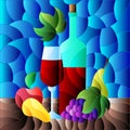 Illustration in the style of stained glass with still life,wine bottle, glass and fruit, square image Royalty Free Stock Photo